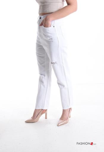 Jeans in Cotone strappati a collo alto con zip con tasche con bottoni - ph 3