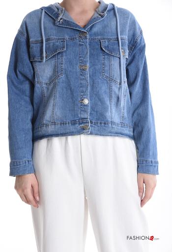 Giacca in Cotone denim maniche lunghe con tasche con bottoni con cappuccio - ph 1