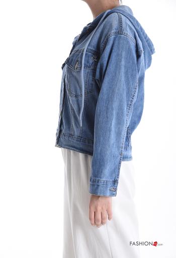Giacca in Cotone denim maniche lunghe con tasche con bottoni con cappuccio - ph 3