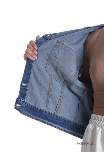 Giacca in Cotone denim maniche lunghe con tasche con bottoni con cappuccio - ph 6