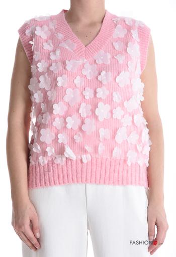Floral sleeveless Wool Mix Sweater with v-neck