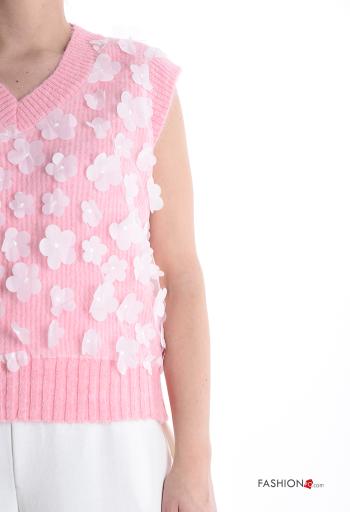 Blumenmuster ärmellos Strickpullover aus Wollmischung mit V-Ausschnitt - ph 4