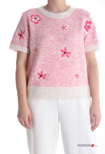 short sleeve crew neck Wool Mix Sweater with rhinestones - ph 1