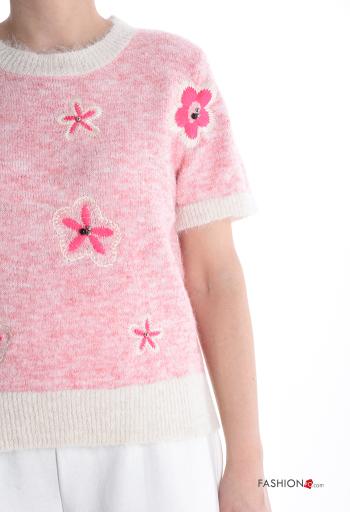 short sleeve crew neck Wool Mix Sweater with rhinestones - ph 4