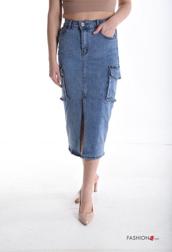 Gonna in Cotone midi denim Longuette con spacco con zip con bottoni con tasche