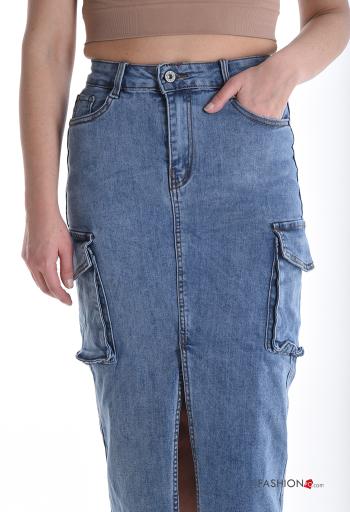 Gonna in Cotone midi denim Longuette con spacco con zip con bottoni con tasche - ph 4