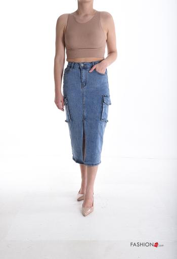 Gonna in Cotone midi denim Longuette con spacco con zip con bottoni con tasche - ph 5
