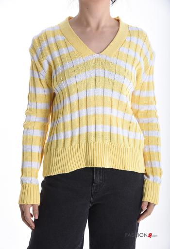 Maglione in Cotone maniche lunghe Fantasia righe scollo a V