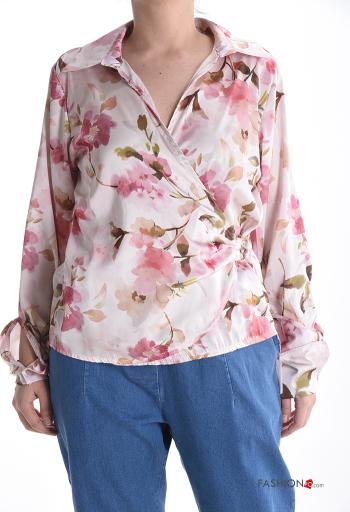 Blumenmuster mit schnalle mit kragen lange ärmel Bluse mit V-Ausschnitt