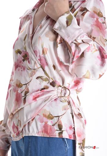 Blumenmuster mit schnalle mit kragen lange ärmel Bluse mit V-Ausschnitt - ph 4