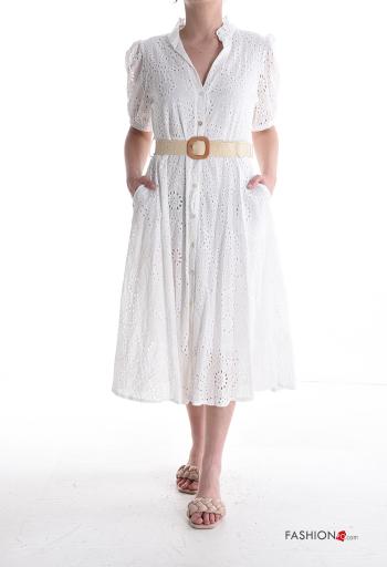 Besticktes Muster ballonärmel kurze ärmel Blusenkleid aus Baumwolle mit Gürtel englische stickerei mit Taschen mit Knöpfen