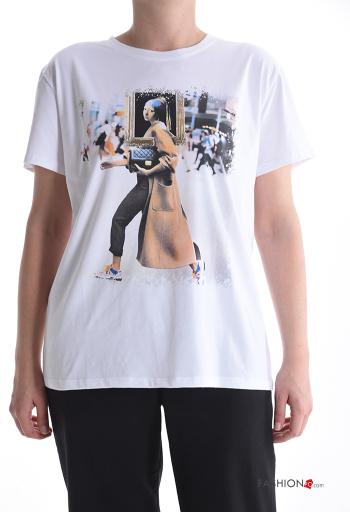 T-shirt em Algodão manga curta gola redonda Padrão Estampado