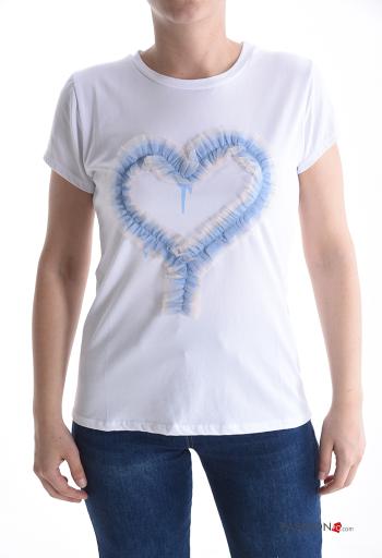 heart motif short sleeve crew neck tulle Cotton T-shirt - ph 1