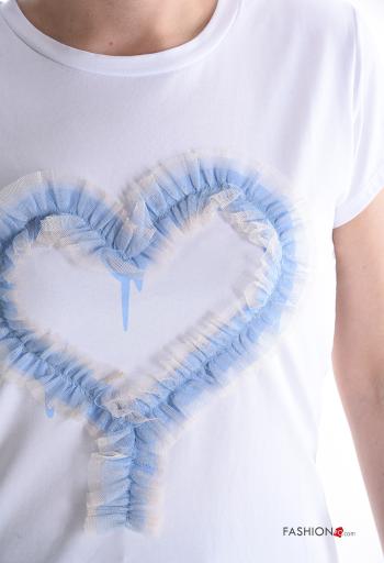 heart motif short sleeve crew neck tulle Cotton T-shirt - ph 4