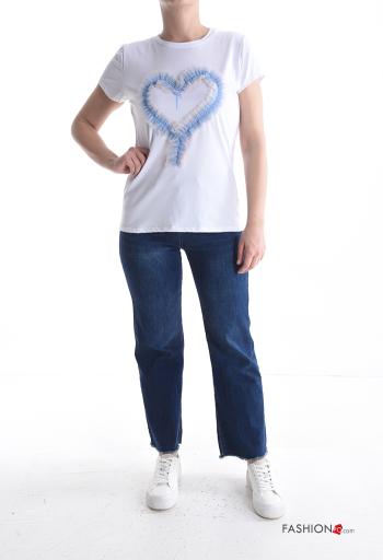 heart motif short sleeve crew neck tulle Cotton T-shirt - ph 5