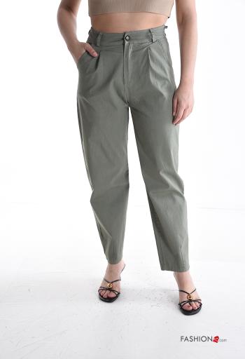 high waist Cotton Trousers with buttons with zip with pockets - ph 1