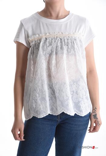 T-shirt in Cotone girocollo pizzo maniche corte Fantasia ricamata - ph 1