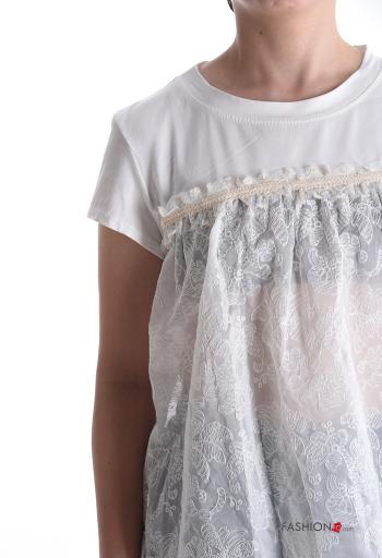 T-shirt in Cotone girocollo pizzo maniche corte Fantasia ricamata - ph 4