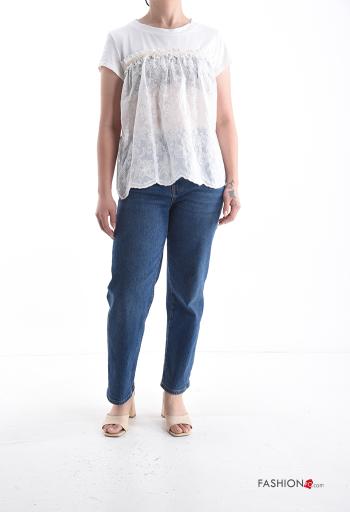 T-shirt in Cotone girocollo pizzo maniche corte Fantasia ricamata - ph 5
