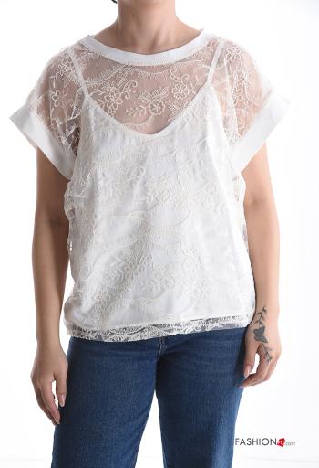 T-shirt in Cotone girocollo pizzo maniche corte Fantasia ricamata - ph 1