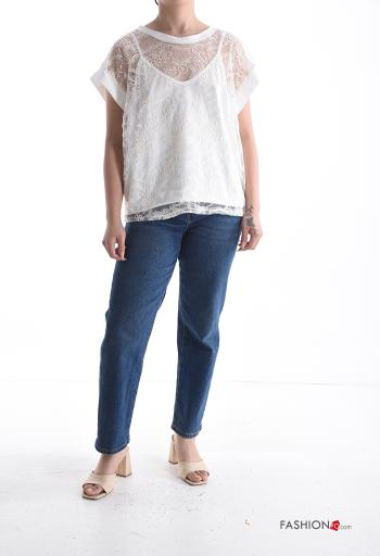 T-shirt in Cotone girocollo pizzo maniche corte Fantasia ricamata - ph 5