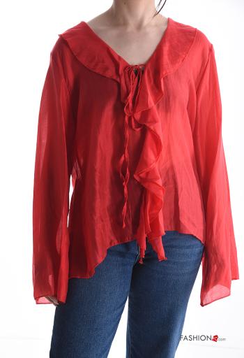 long sleeve Blouse with flounces with v-neck with bow - ph 1
