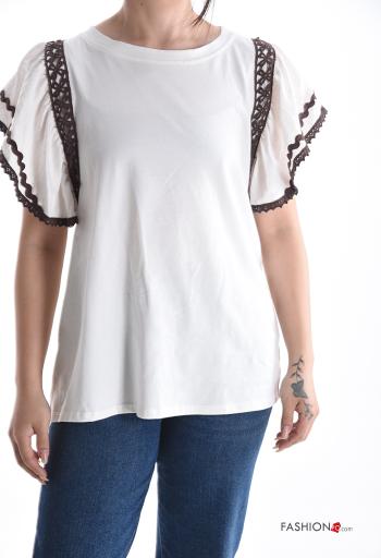 T-shirt en Coton manches à volant col rond manches courtes à broderie
