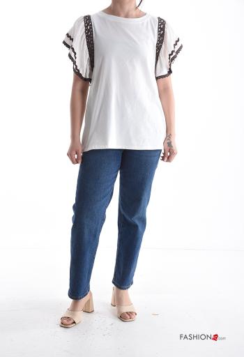 T-shirt en Coton manches à volant col rond manches courtes à broderie - ph 5