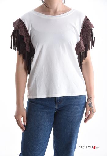 T-shirt in Cotone maniche corte girocollo Fantasia ricamata con frange