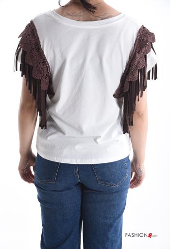 T-shirt in Cotone maniche corte girocollo Fantasia ricamata con frange - ph 2