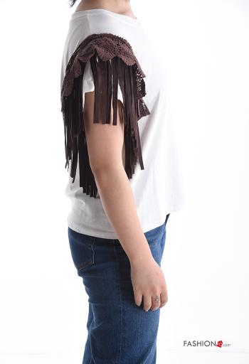 T-shirt in Cotone maniche corte girocollo Fantasia ricamata con frange - ph 3