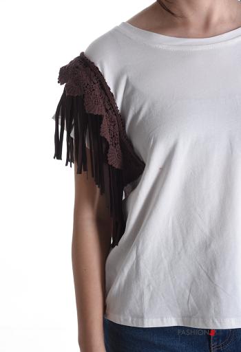 T-shirt in Cotone maniche corte girocollo Fantasia ricamata con frange - ph 4