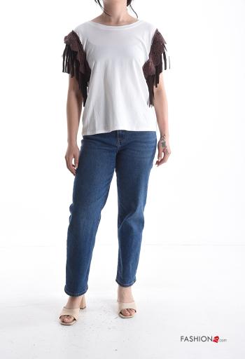 T-shirt in Cotone maniche corte girocollo Fantasia ricamata con frange - ph 5
