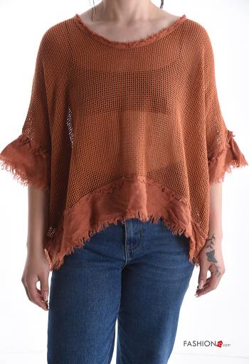 netz u-boot ausschnitt Strickpullover aus Baumwolle mit Fransen 3/4 ärmel - ph 1