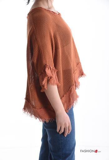 netz u-boot ausschnitt Strickpullover aus Baumwolle mit Fransen 3/4 ärmel - ph 3