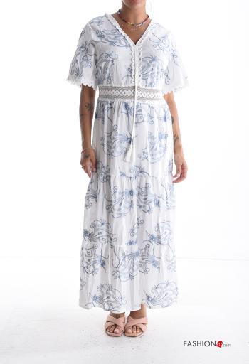 Abstract print short sleeve long Cotton Dress with v-neck