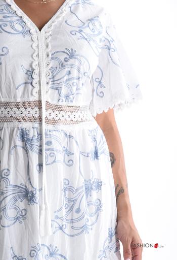 Abstract print short sleeve long Cotton Dress with v-neck - ph 4