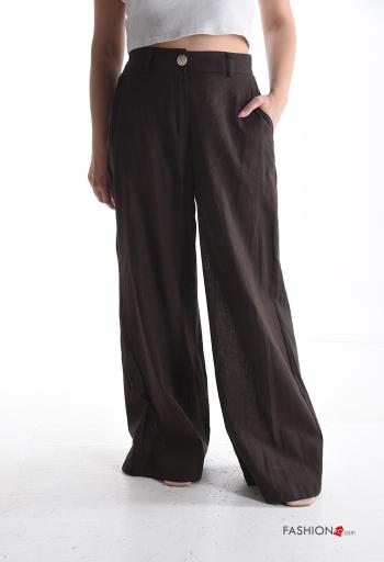 Pantalones de Lino wide leg largo con bolsillos con cremallera con botones - ph 1