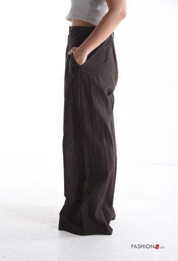 Pantalones de Lino wide leg largo con bolsillos con cremallera con botones - ph 3