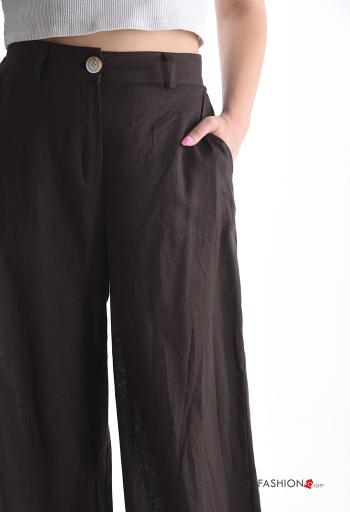 Pantalones de Lino wide leg largo con bolsillos con cremallera con botones - ph 4