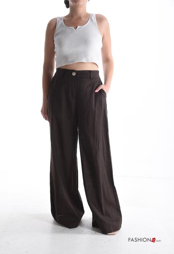 Pantalones de Lino wide leg largo con bolsillos con cremallera con botones - ph 5