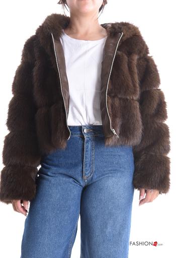 Giacca pelliccia sintetica maniche lunghe con fodera con cappuccio con tasche con zip