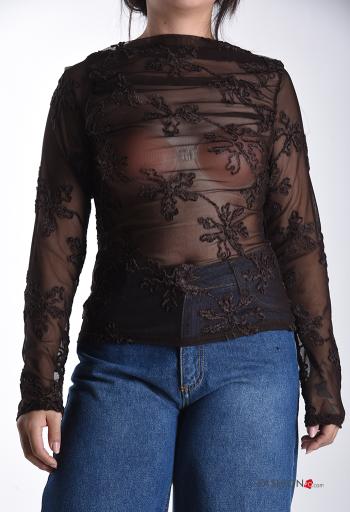 Blusa tulle maniche lunghe Fantasia ricamata