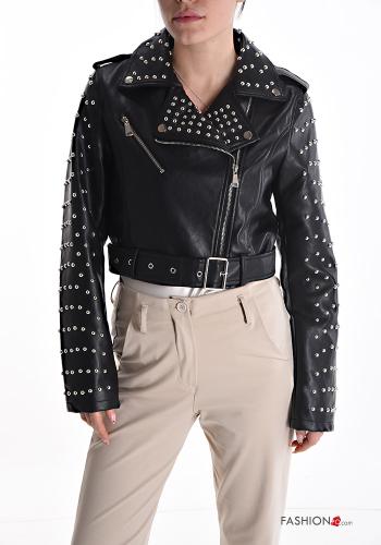 Cazadora estilo biker imitación de cuero con cremallera con tachuelas con cinturón - ph 1