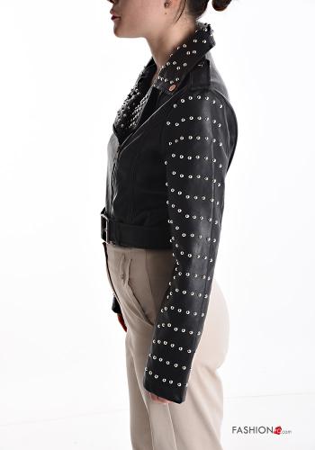 Cazadora estilo biker imitación de cuero con cremallera con tachuelas con cinturón - ph 3