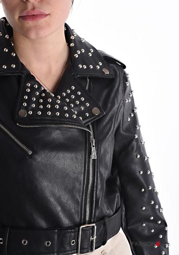 Cazadora estilo biker imitación de cuero con cremallera con tachuelas con cinturón - ph 4