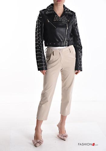 Cazadora estilo biker imitación de cuero con cremallera con tachuelas con cinturón - ph 5