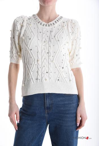 short sleeve crew neck Sweater with rhinestones - ph 1
