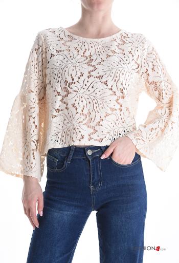 Blusa in Cotone girocollo pizzo maniche lunghe Fantasia ricamata