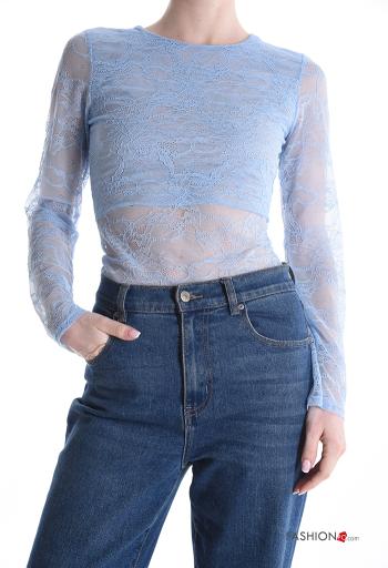 Embroidered long sleeve crew neck lace trim Bodysuit - ph 1